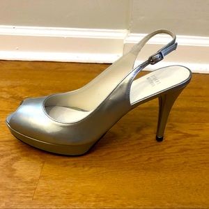 Stuart Weitzman Silver “Slinky” Peeptoe Shoes